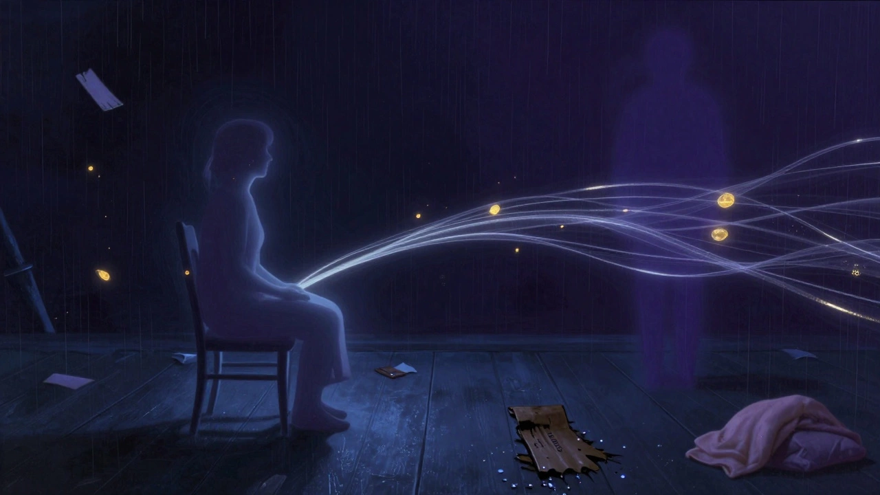 A glowing voice thread connecting two silhouettes amid floating sensory fragments of rain, fabric, and whispers.