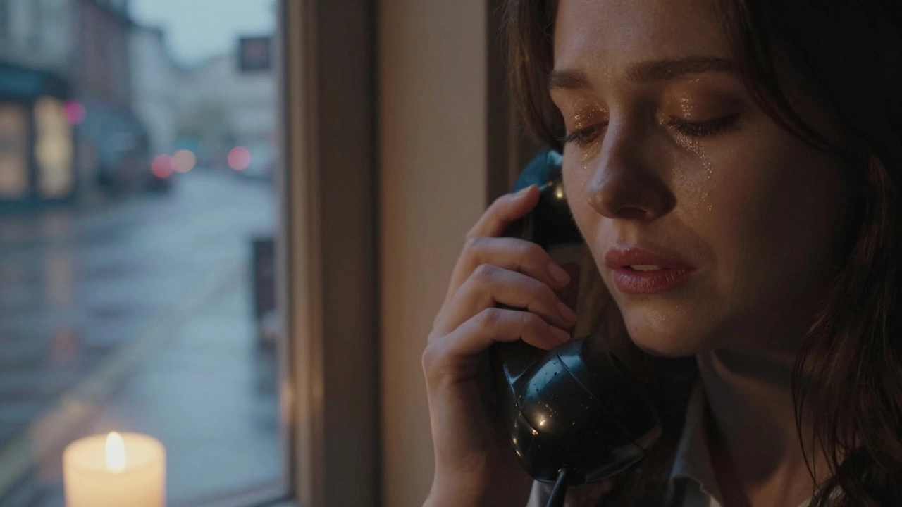 A woman holding a vintage phone with closed eyes, tears on her cheeks, a ghostly foreign city behind her.