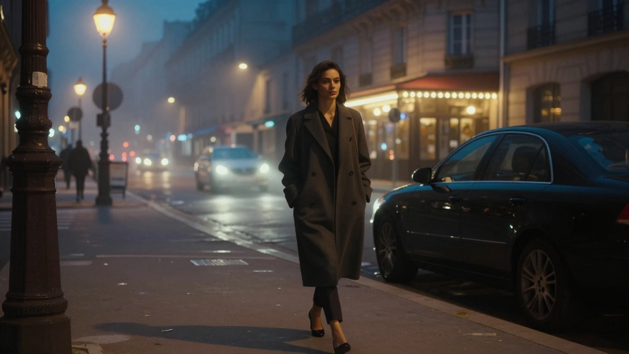A woman walks away from a sedan on a misty Paris street, her expression calm and unseen by the viewer.