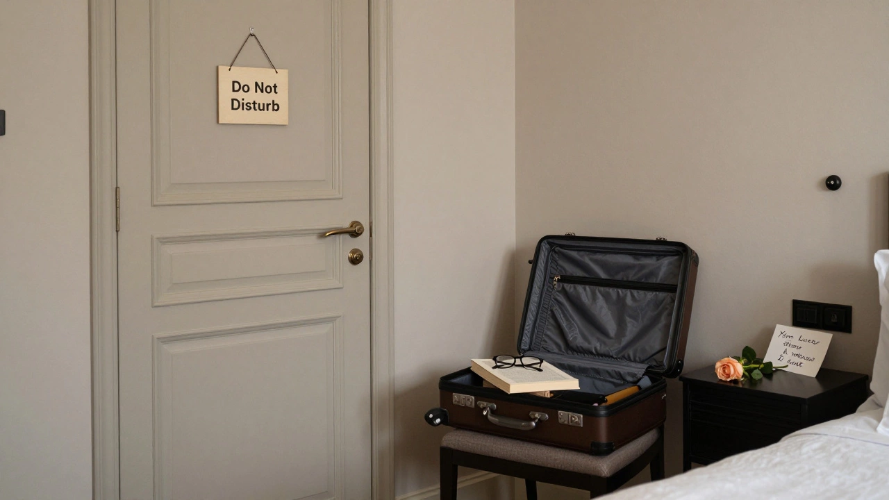 An elegant hotel room with a rose and handwritten note on a nightstand, conveying privacy and thoughtful preparation.